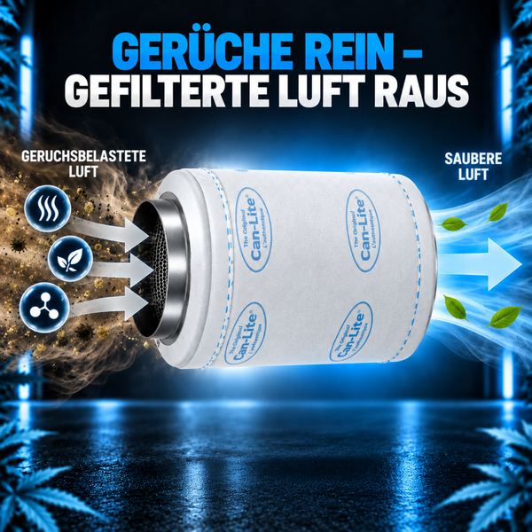 Grafik eines Can Lite Aktivkohlefilters zur Luftreinigung mit Darstellung des Filterprozesses von verunreinigter zu sauberer Luft.