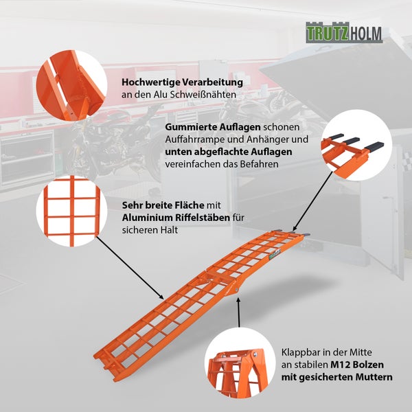 TRUTZHOLM 1 x Auffahrrampe klappbar 180 cm Traglast 340 kg Alu orange Riffelstab Verladerampe