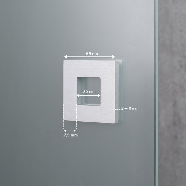 Quadratischer Türgriff mit Maßangaben für Montage.