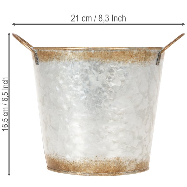 Verzinkter Metalleimer mit Griffen, Höhe 16,5 Zentimeter, Durchmesser 21 Zentimeter.