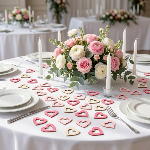 Festlich gedeckter runder Tisch mit Blumenarrangement, Kerzen und ausgestreuten Holzherzen als Hochzeitsdekoration.