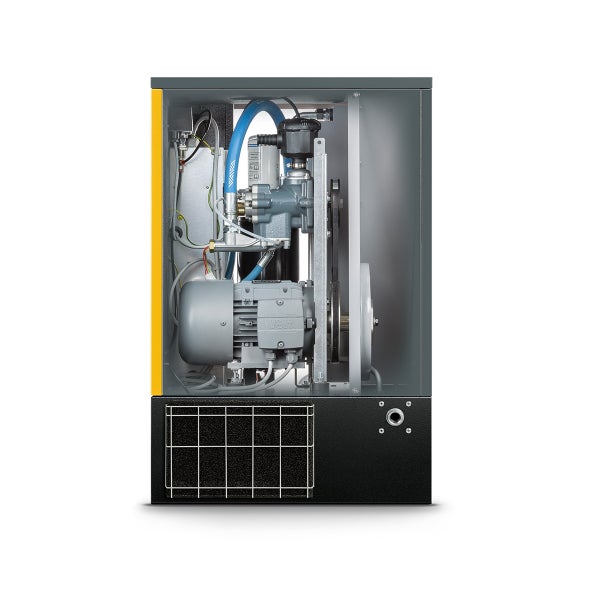 Innenansicht eines Kompressors mit Motor, Leitungen und Filter.