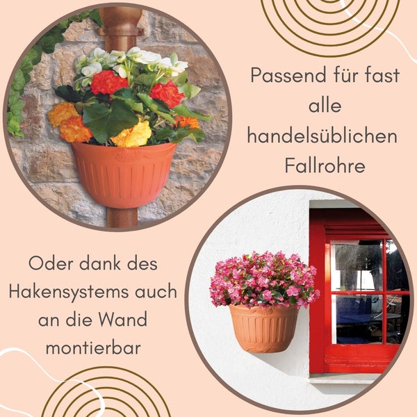 Blumentopf für Regenrohr 2er Set Wandtopf Wandblumentopf Regenrinne Fallrohr Säule Pfosten Abflussrohr Wand Pflanztopf Pflanzgefäß terracotta