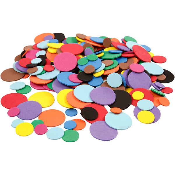 Bunte Kreise aus Moosgummi zum Basteln in verschiedenen Größen.