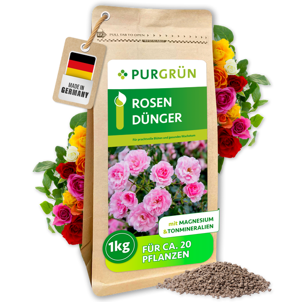 Purgrün Rosendünger für prächtige Blüten und gesundes Wachstum, 1 Kilogramm Packung, made in Germany.
