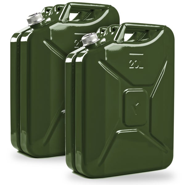 Zwei 20 Liter Metall Kraftstoffkanister für den sicheren Transport und die Lagerung von flüssigen Brennstoffen.