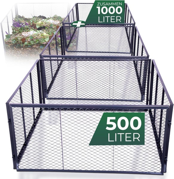 Set aus zwei Drahtgitterkompostern mit jeweils 500 Liter Fassungsvermögen, insgesamt 1000 Liter für Gartenabfälle.