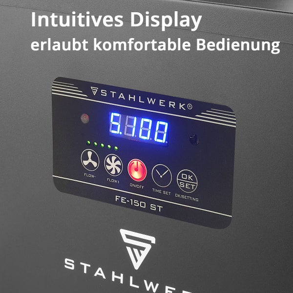 Detailansicht des Displays eines STAHLWERK FE-150 ST Geräts mit digitaler Anzeige und Bedienelementen für Durchfluss, Ein/Aus und Zeiteinstellung, sowie dem STAHLWERK Logo.