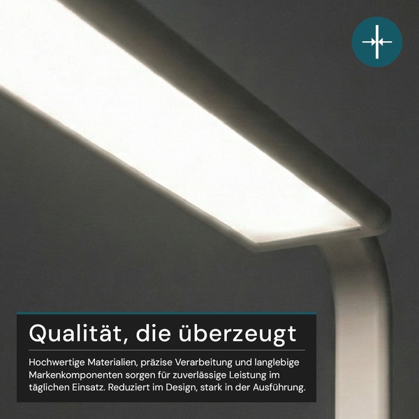 Nahaufnahme einer modernen LED-Schreibtischleuchte mit schlankem Design und hellem Lichtpaneel sowie Symbol für flache Bauweise.