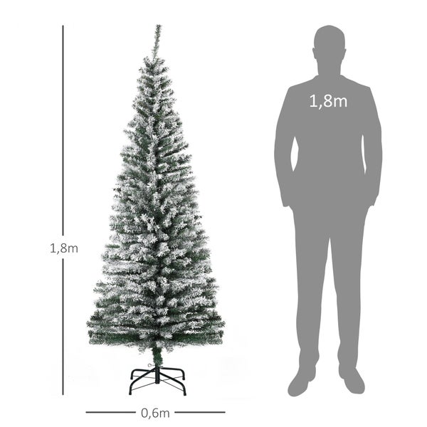Künstlicher Weihnachtsbaum mit Schnee-Effekt, Höhe 1,8 Meter, Breite 0,6 Meter, Größenvergleich mit einer Person von 1,8 Meter.