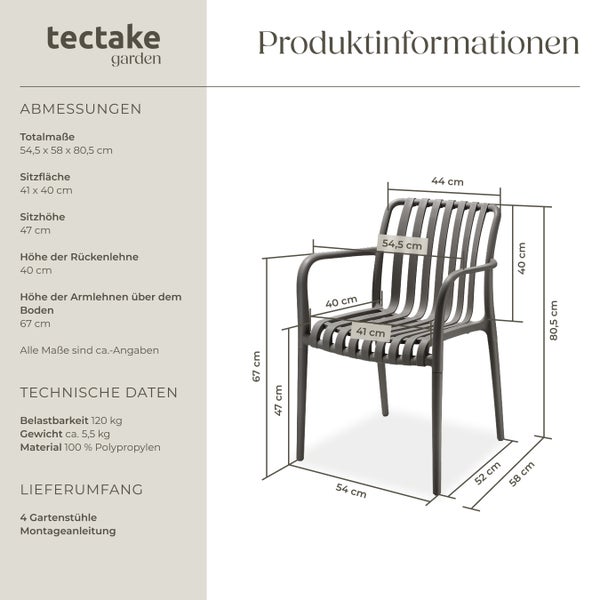 Gartenstühle tectake Alcudia 54,5 x 58 x 80,5 cm, Belastbarkeit 120 kg wetterfest und UV-beständig anthrazit