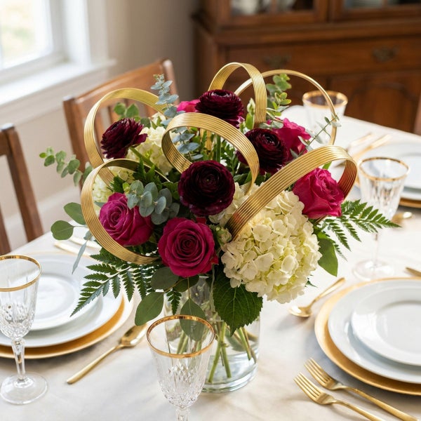 Blumenstrauß mit Rosen und Hortensien in Glasvase dekoriert mit goldenen Ringelementen als Tischschmuck auf gedecktem Tisch.