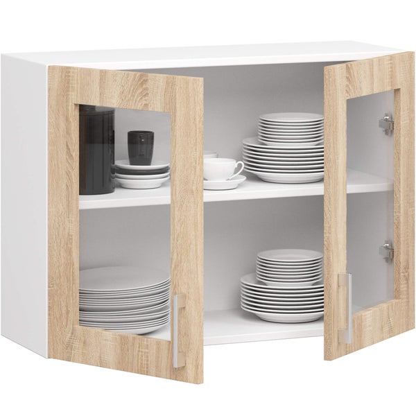 Wandschrank mit zwei Glastüren und Einlegeböden, gefüllt mit Geschirr