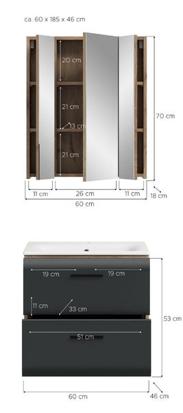 Badezimmermöbel-Set mit Spiegelschrank und Waschbeckenunterschrank mit Maßen in Zentimeter. Breite 60 Zentimeter, Tiefe 46 Zentimeter.