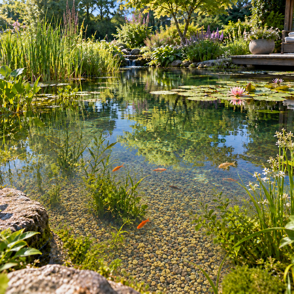Naturteich mit klarem Wasser, Wasserpflanzen, Seerosen und Fischen in einem gepflegten Garten mit Holzterrasse.