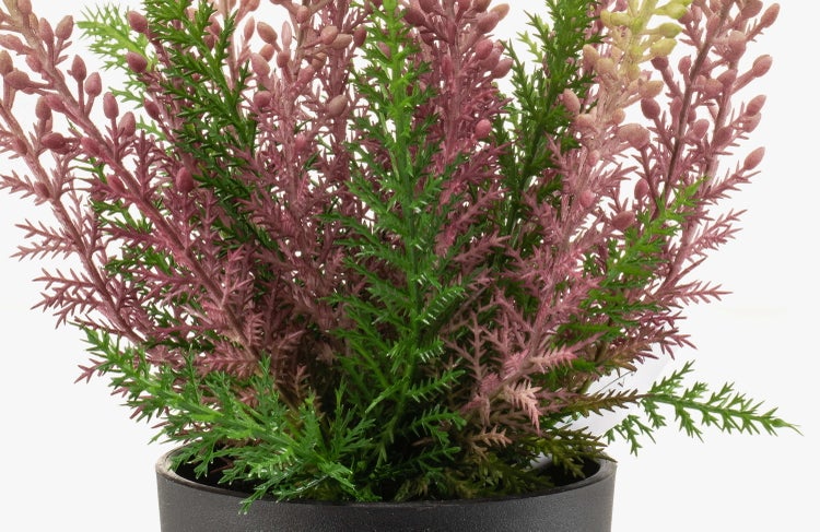 Künstliche Heidekrautpflanze im schwarzen Topf mit grünen und rosa Zweigen