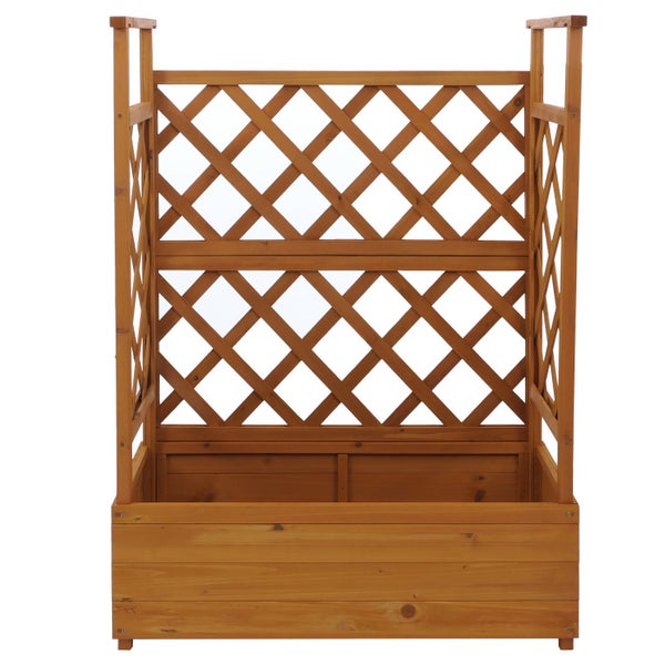 Pflanzkasten aus Holz mit integrierter Rankhilfe und diagonalem Gittermuster an der Rückseite und den Seiten.