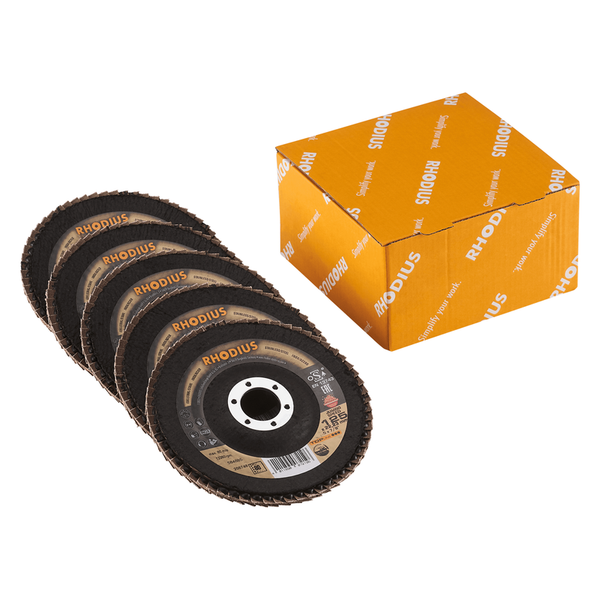 Rhodius Fächerscheiben Stapel neben einer Rhodius Box