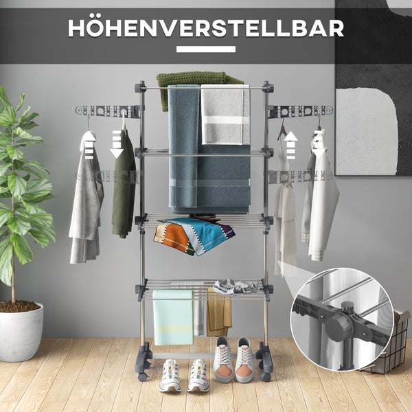 HOMCOM Wäscheständer, 142 x 55 x 172 cm, Stahl, Grau