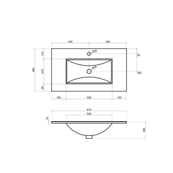 Technische Zeichnung eines Waschtisches mit Maßen