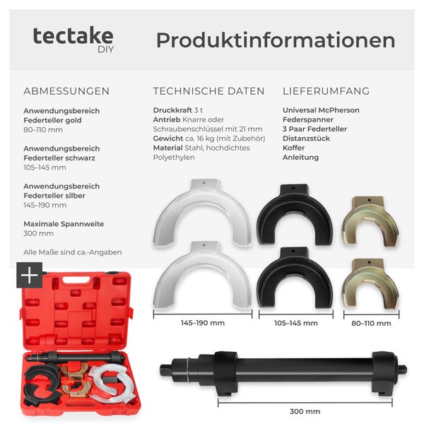tectake DIY Logo. Produktinformationen für Universal McPherson Federspanner Set mit technischen Daten und Abmessungen bis 190 Millimeter.