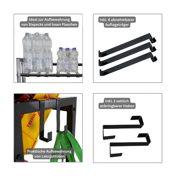 Abgebildet sind Details zur Aufbewahrung von Sixpacks und Flaschen, sechs abnehmbare Auflageträger und zwei seitlich anbringbare Haken