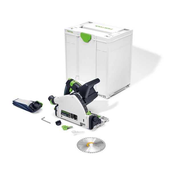 Festool Akku-Tauchsäge TSC 55 KEB im Systainer mit Staubfangbeutel, Kreissägeblatt und Zubehör.