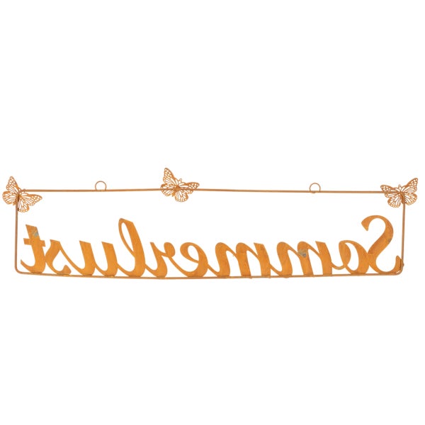 Gartendeko-Schild aus Metall in Rostoptik mit dem Schriftzug Sommerlust und Schmetterlingen zum Aufhängen.