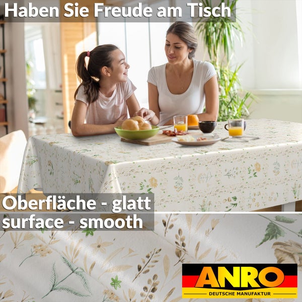 Mutter und Tochter an einem Tisch mit einer glatten, floral gemusterten ANRO Tischdecke in einem hellen Raum. ANRO Logo.