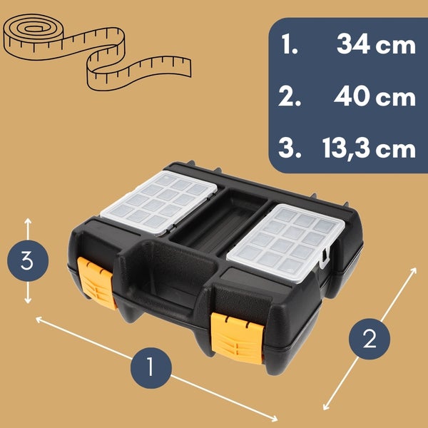 Schwarzer Sortimentskasten mit gelben Verschlüssen und transparenten Deckeln mit Maßangaben