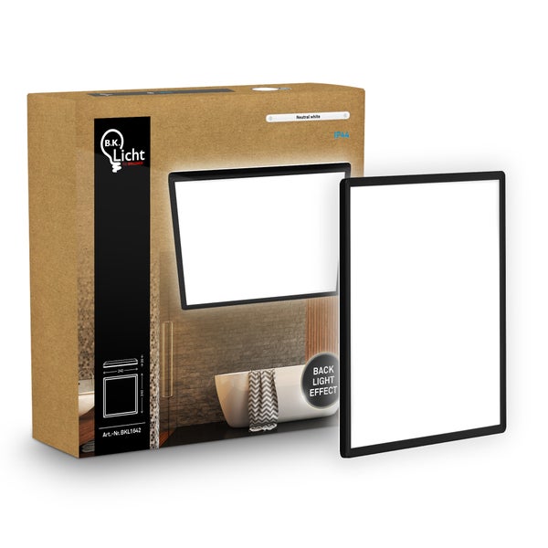 LED Badspiegel mit Rahmen und Hintergrundbeleuchtung von B.K. Licht in Kartonverpackung mit Abmessungen und IP44 Schutzklasse.