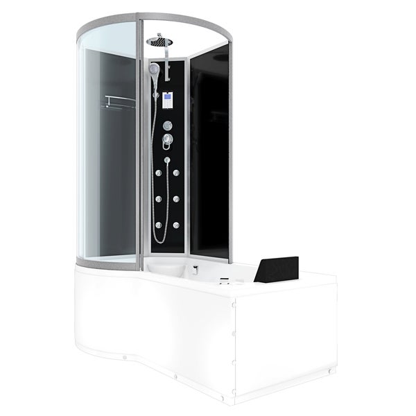 Komplettduschkabine mit Badewanne, Regendusche, Handbrause, Massagedüsen und Rückwand.