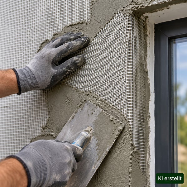 Handwerker beim Auftragen von Armierungsmörtel und Armierungsgewebe auf eine Fassade zur Wärmedämmung an einem Fensterrahmen.