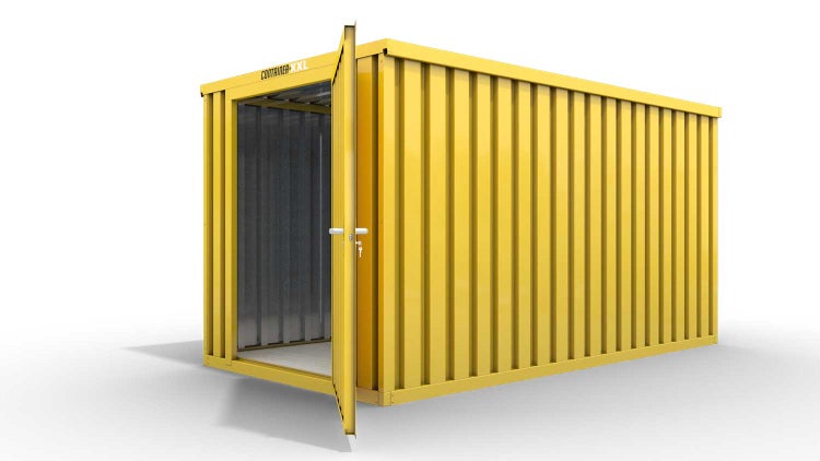 Lagercontainer Gerätehaus XXL  – 12 qm, H2150 x B6080 x T2170 mm, Außenwandlackierung RAL 1003 signalgelb, Dach außen verzinkt, mit Holzfußboden, 1270 mm Einflügeltür mittig in Stirnseite, montiert