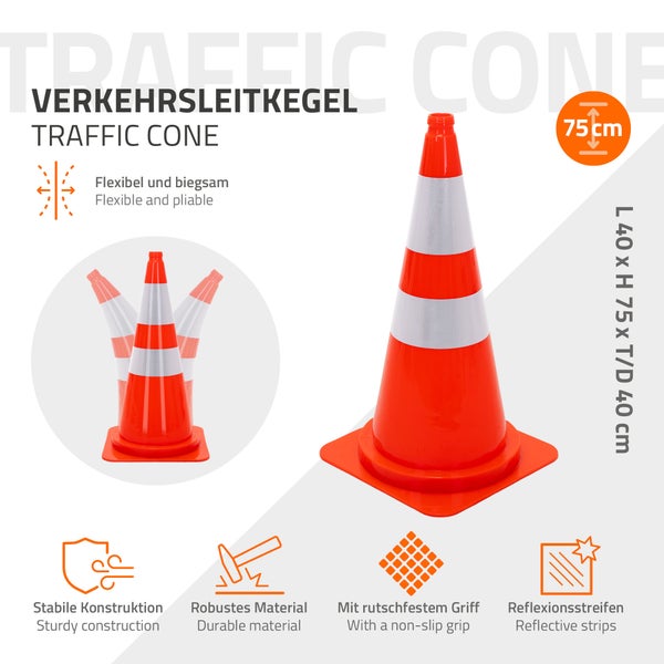 Flexibler Verkehrsleitkegel, 75 Zentimeter hoch, robuste Konstruktion mit reflektierenden Streifen für den Baustellenbedarf.