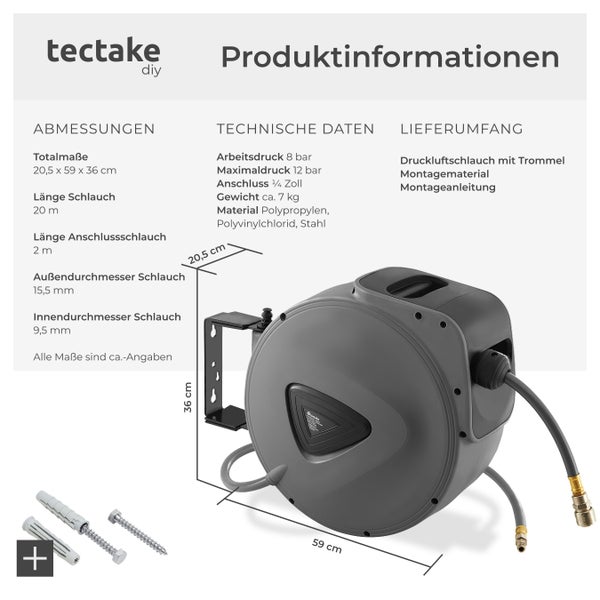 Druckluftschlauch mit Trommel tectake  inklusive Montagematerial mit ¼ Zoll Schnellkupplung grau