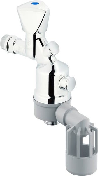 Verchromtes Geräteanschlussventil für Waschmaschinen mit grauem Kunststoff-Ablauftrichter.