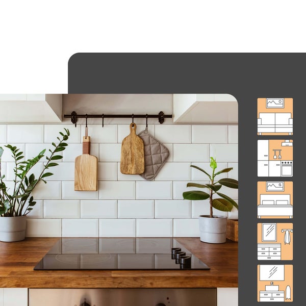 Helle Küche mit weißen Fliesen und Holz-Arbeitsplatte. Symbole zeigen Eignung für Wohnzimmer, Küche, Schlafzimmer, Flur und Badezimmer.