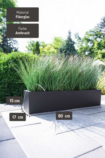 Rechteckiger Pflanzkasten aus Fiberglas in Anthrazit, 80 mal 17 mal 15 Zentimeter, bepflanzt mit Ziergras auf einer hellen Terrasse.