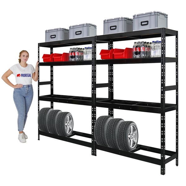 PROREGAL Mega Deal 2x Reifenregal Tiger HxBxT 180x120x40 cm bis zu 12 Reifen auf 2 Ebenen mit 2 Fachboden Schwarz Reifenständer