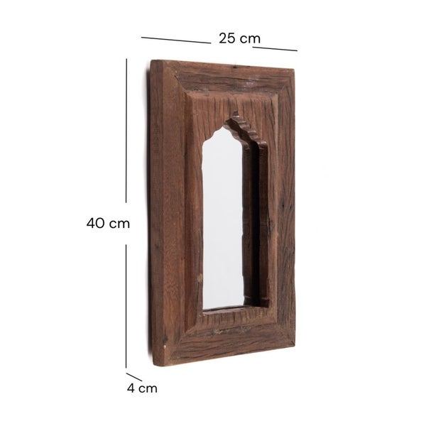Wandspiegel aus Holz mit orientalischer Fensterform, Maße 40 Zentimeter mal 25 Zentimeter mal 4 Zentimeter.