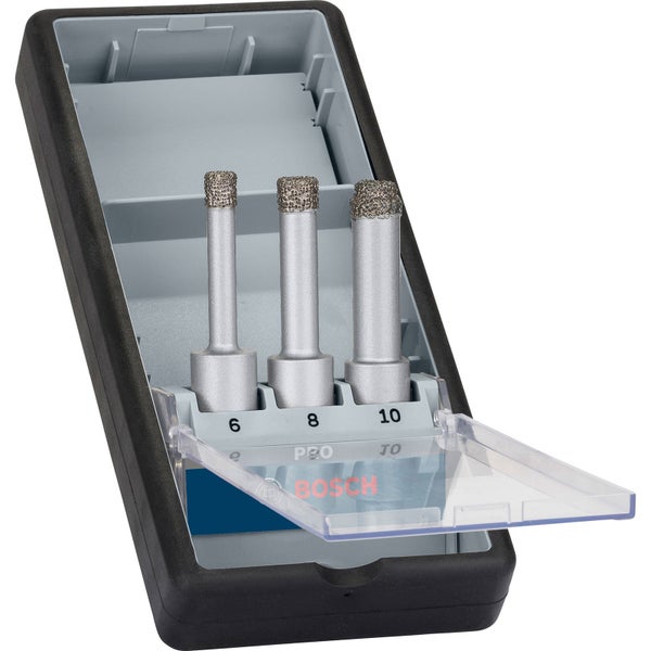 Drei Bosch Pro Fliesenbohrer mit 6 mm, 8 mm und 10 mm Durchmesser und Maßangaben