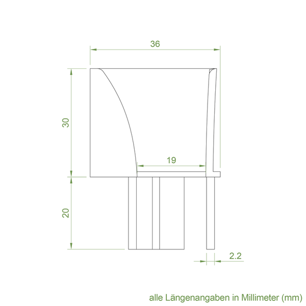 Technische Zeichnung mit Maßangaben in Millimetern für ein Bauteil mit einer Breite von 36 Millimetern und einer Gesamthöhe von 50 Millimetern.