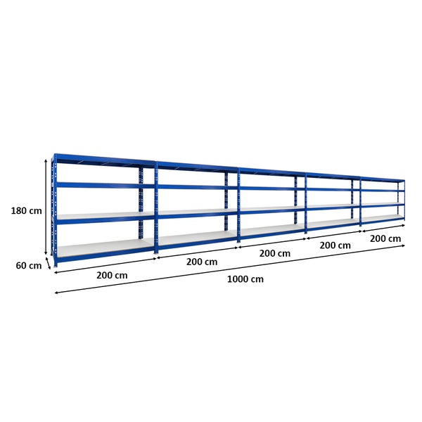 Blaues Metallregal mit fünf Ebenen und Abmessungen