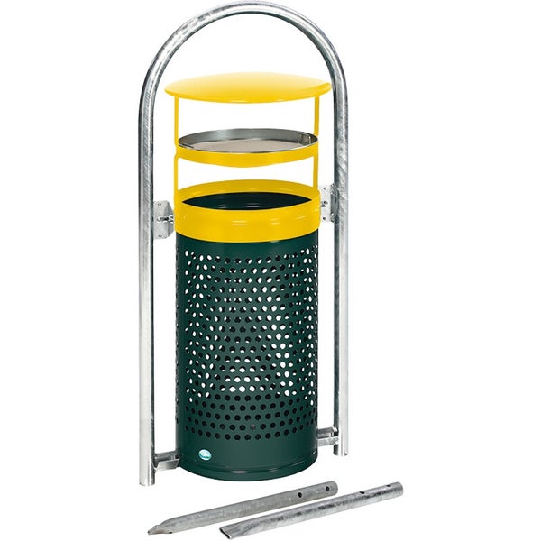 Außenabfalleimer mit Ascher, grünem Lochblechgehäuse, gelbem Deckel, verzinktem Standrohrrahmen und Bodenankern aus Metall.