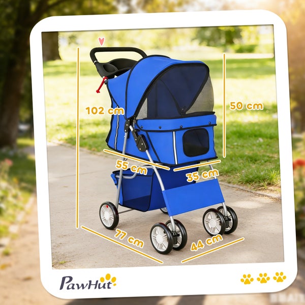 Blauer Tierbuggy von PawHut: Höhe 102 Zentimeter, Länge 77 Zentimeter, Breite 44 Zentimeter, Sitzfläche 55 mal 35 Zentimeter.