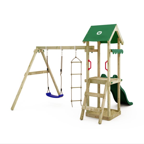 WICKEY Spielturm Klettergerüst TinyCabin mit Schaukel und Rutsche, Kletterturm mit Sandkasten, Leiter und Spiel-Zubehör - grün
