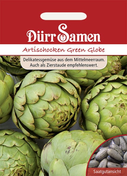 Dürr Samen Logo, Samentüte für Artischocken Green Globe mit Abbildung von Artischocken und Saatgutansicht.