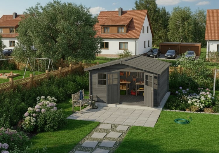 Gartenhaus mit geöffneten Türen in einem gepflegten Garten mit Werkzeugen