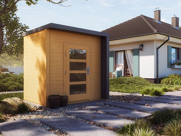 Modernes Gartenhaus aus Holz mit Flachdach und einer Tür mit Glaseinsätzen in einem gestalteten Garten mit Steinweg.